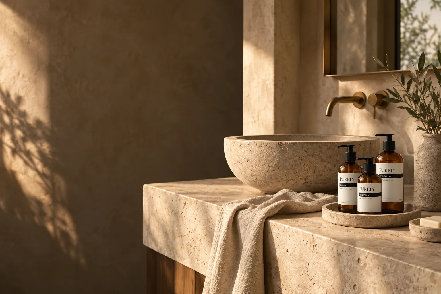 A cohesive personal care collection in a hotel bathroom