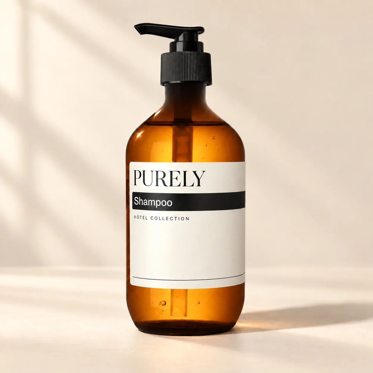 Proposed PURELY Shampoo amber pump bottle