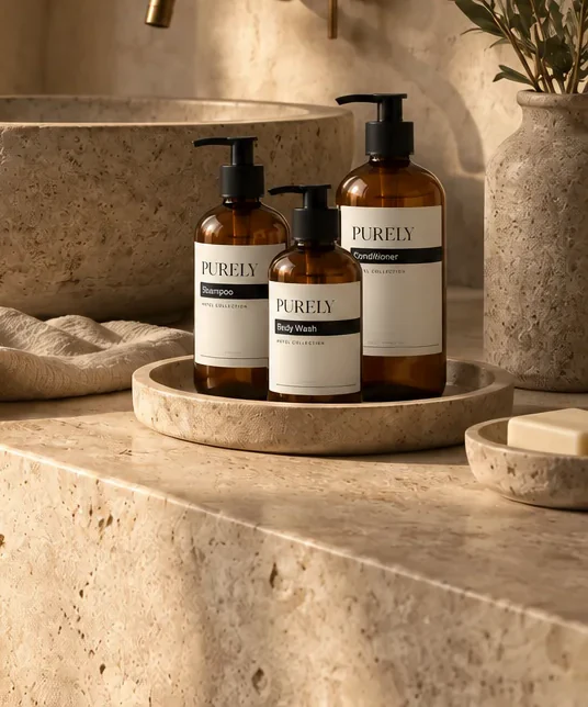 Proposed PURELY amber bottles arranged on a stone tray beside a vessel sink in an architectural hotel bathroom